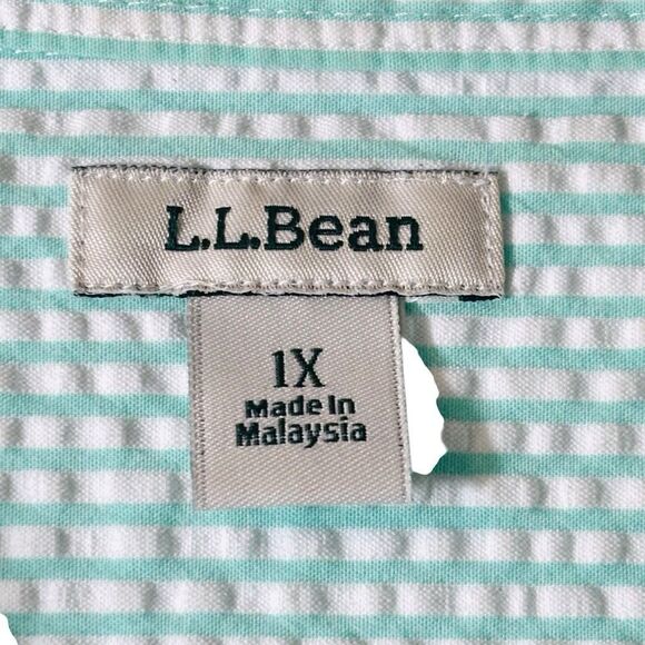 L.L. Bean 1X aqua & white 100% cotton seersucker 3/4 sleeve blouse shirt - Picture 6 of 10